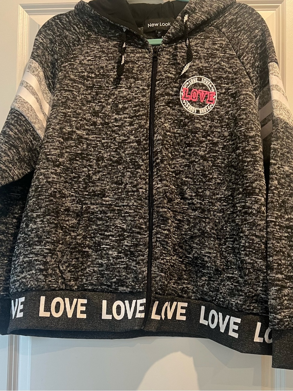 New Look Black Marled Zip Hoodie with LOVE Hem and Stripe Sleeves